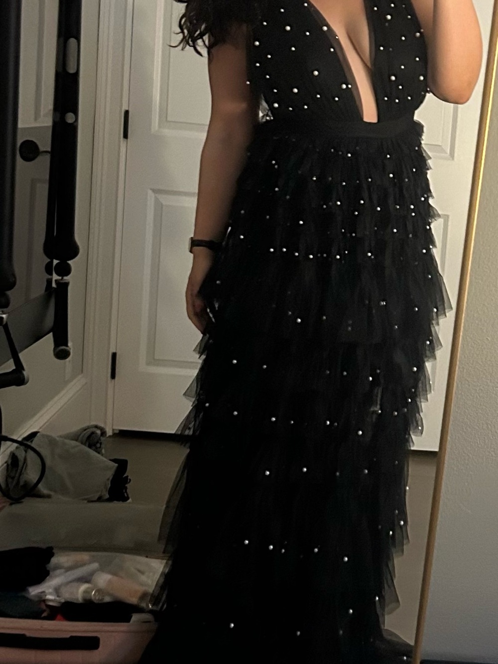 Black Pearl-Embellished Plunging Neckline Dress with leotard bottom
